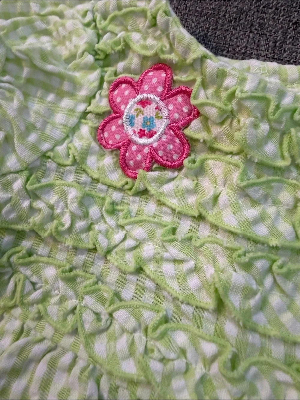 Youngland seersucker Light Green Gingham Dress Pink Floral Appliqués size 12m
